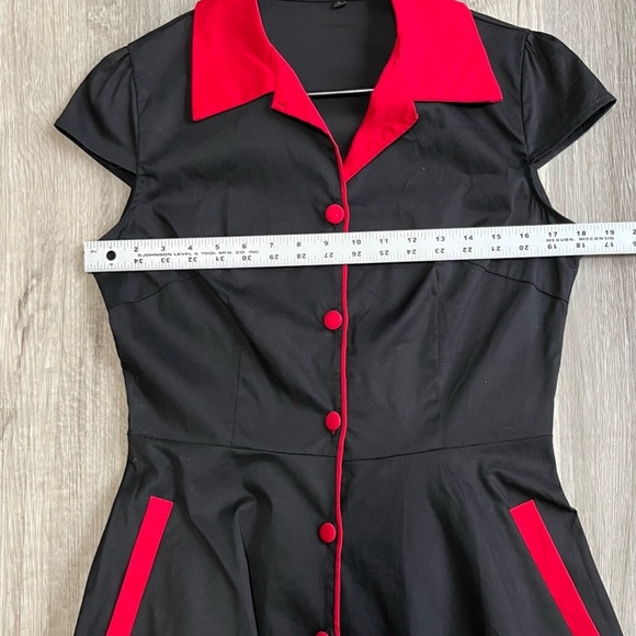 Retro Rockabilly Swing Dress Black Red Trim Pockets 50s Size Large 8-10 - Picture 7 of 10